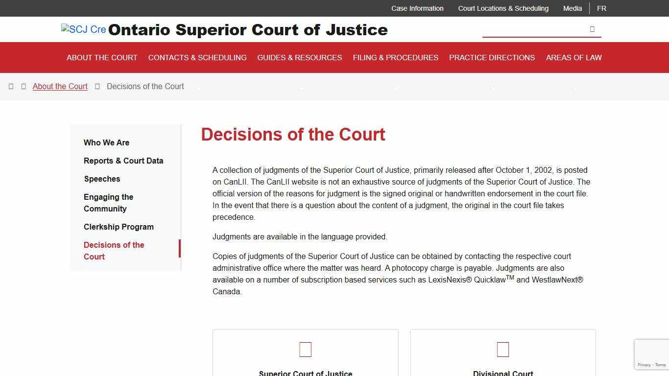 Decisions of the Court – Ontario Superior Court of Justice